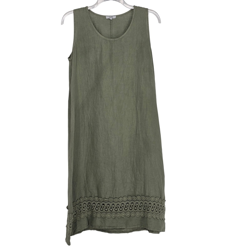 Rosemarine Linen Dress S Sage Green Lagenlook Crochet Lace Inset Coastal Italy